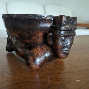 Vintage Carved Wooden Kneeling Figure with Bowl | Central American Art